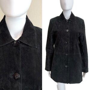 Bernardo Genuine Suede Leather Long Jacket Womens Size M Black Button Front